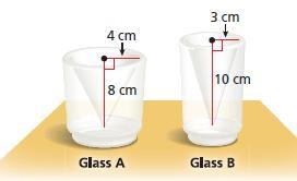 These two glasses are in a cone shape. Which glass can hold more liquid and how much-example-1