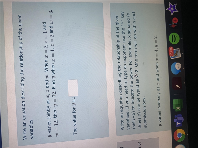 Write an equation describing the relationship of the given variables. y varies jointly-example-1