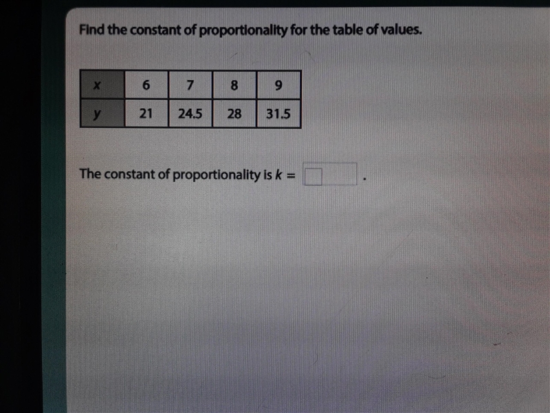 Find the constant of proportionality for the table of values. 8 9 24.5 28 The constant-example-1