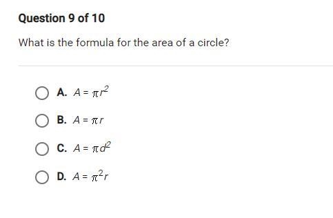 What is the formula for the area of a circle? O A. A = per2 O B. A = par O C. A=nd-example-1