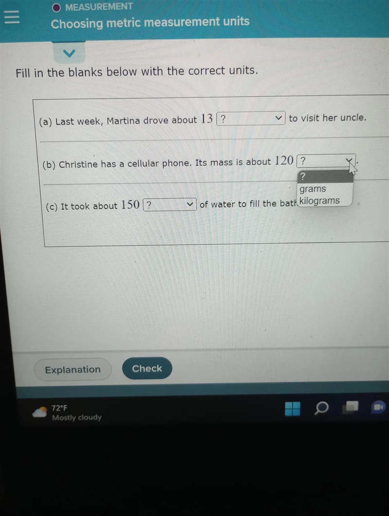 ||| O MEASUREMENT Choosing metric measurement units Fill in the blanks below with-example-2