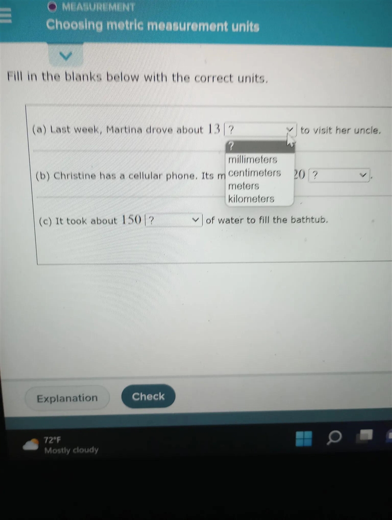 ||| O MEASUREMENT Choosing metric measurement units Fill in the blanks below with-example-3