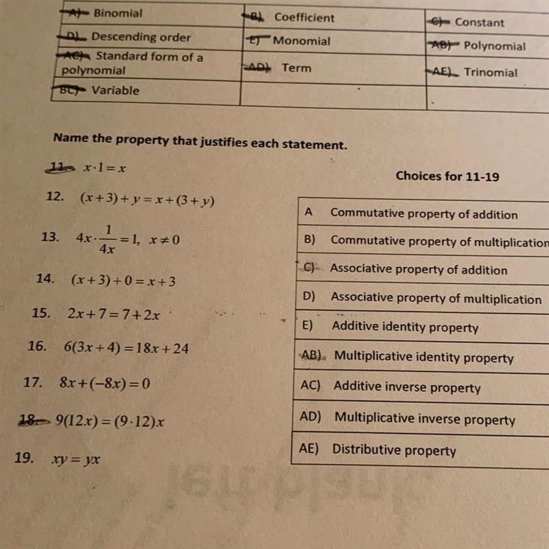 Name the property that justifies each statement.11 x-1= x12. (x+3)+y=x+(3+y)19.13. 4.x-example-1