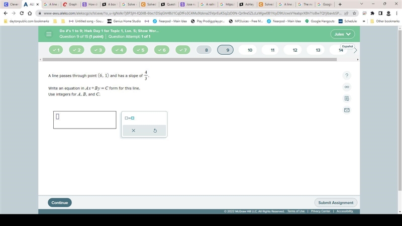 A line passes through point 6, 1 and has a slope of 43. Write an equation in =+AxByC-example-1