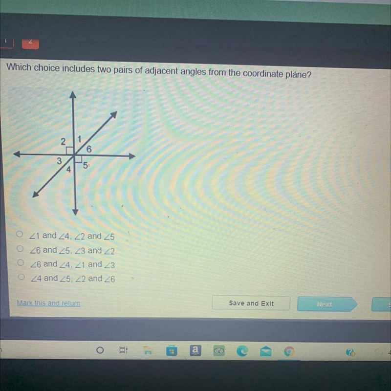 Which choice includes two pairs of adjacent angles from the coordinate plane?-example-1