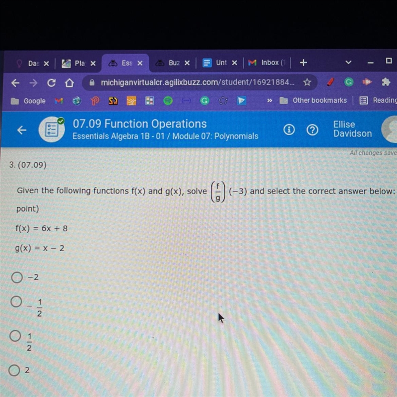 3. (07.09)Given the following functions f(x) and g(x), solve(-3) and select the correct-example-1