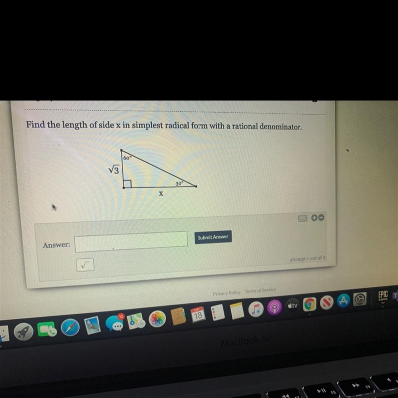 Find the length of side x in simplest radical form with a rational denominator.60°V-example-1