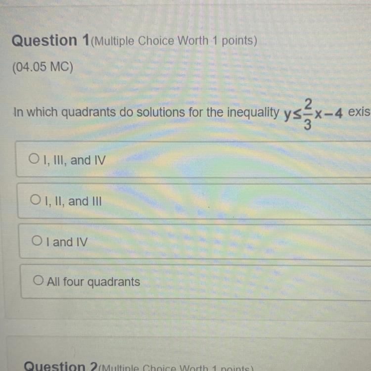 In which quadrants do solutions for the inequality y≤x-4 exist? OI, III, and IV OI-example-1