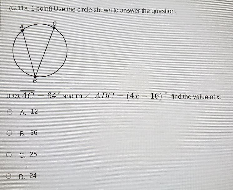 (G.lla, 1 point) Use the circle shown to answer the question. ♡ If MAC = 64. and m-example-1