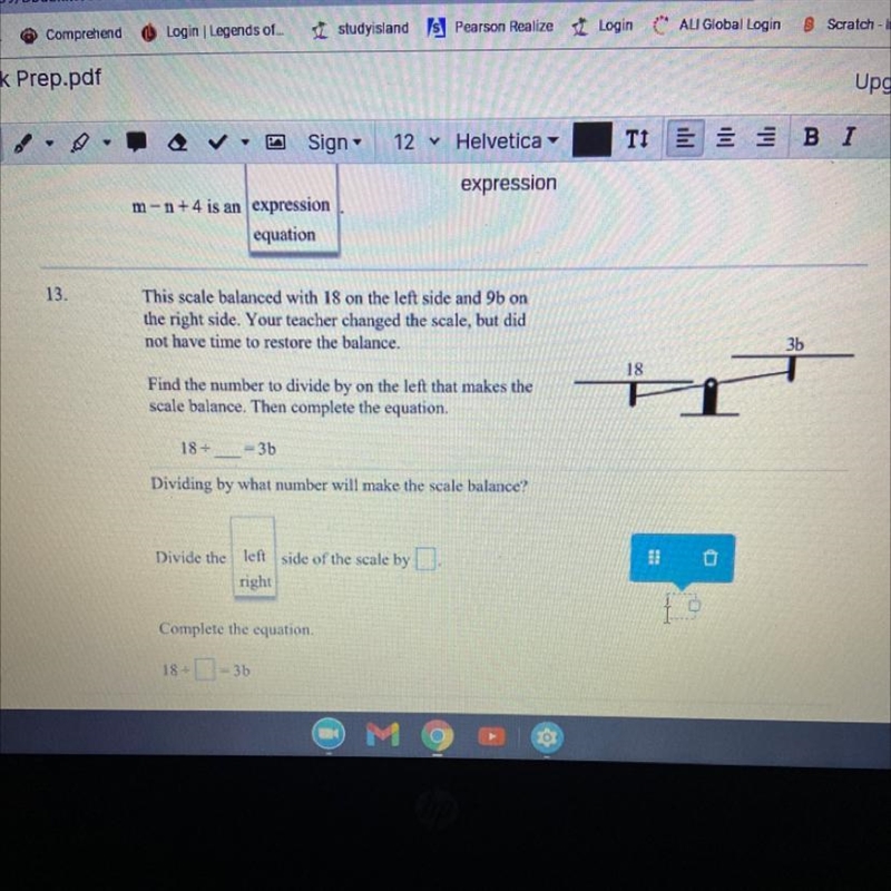 This scale balanced with 18 on the left side and 9b onthe right side. Your teacher-example-1