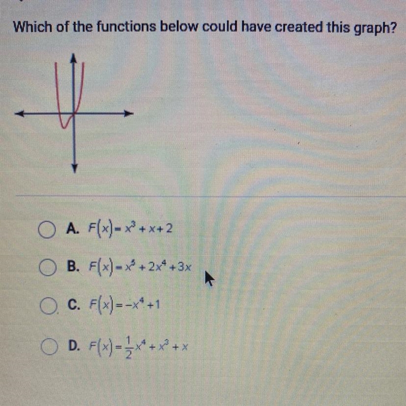 Which of the functions below could have created this graph?1O A. F(x) = x° +x+2B. F-example-1