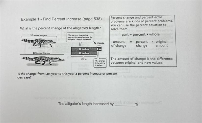 Example 1 - Find Percent Increase (page 538)What is the percent change of the alligator-example-1