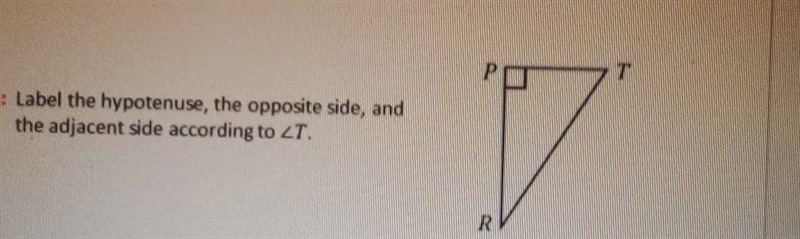 Label the hypotenuse, the opposite side, and the adjacent side according to angle-example-1