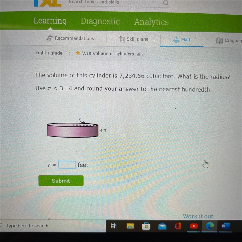 The volume of this cylinder is 7,234.56 cubic feet. Whaat is the radius?-example-1