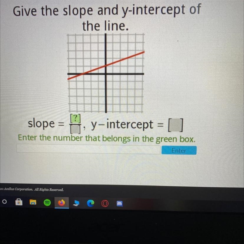 Give e slope and y intercept of the line.Slope=?/?, y- intercept=-example-1