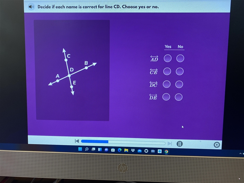 Decide if each name is correct for line CD. Choose yes or no.YesNoADBDCEAEDCDE-example-1
