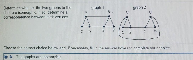 the graphs are isomorphicvertex A of graph 1 corresponds to vertex v of graph 2vertex-example-1