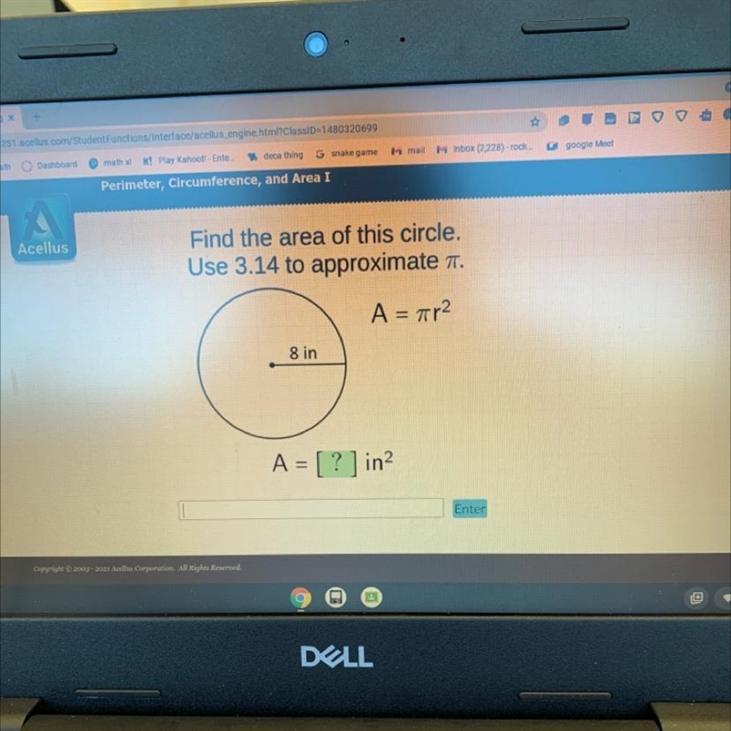 Find the area of this circle.Use 3.14 to approximate n.Α = πη28 inA = [ ? ] in?-example-1