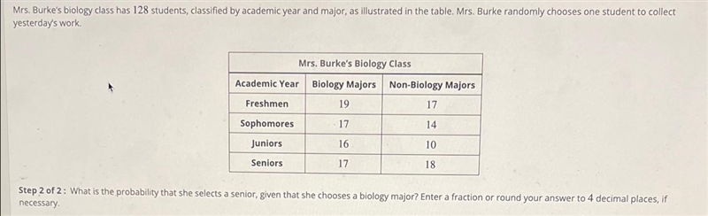 Mrs. Burke's biology class has 128 students, classified by academic year and major-example-1