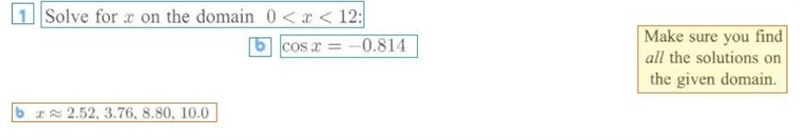 Solve for x on the domain 0 < x < 12: cos x= -0.814-example-1