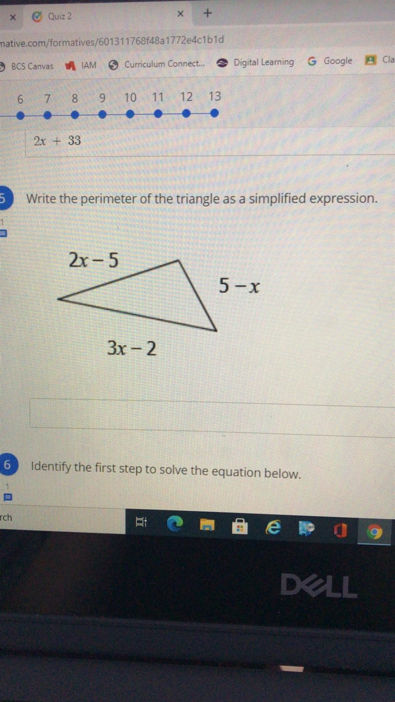 Write the perimeter of the triangle as an simplified expression? 2x-5, 5-x, 3x-2-example-1