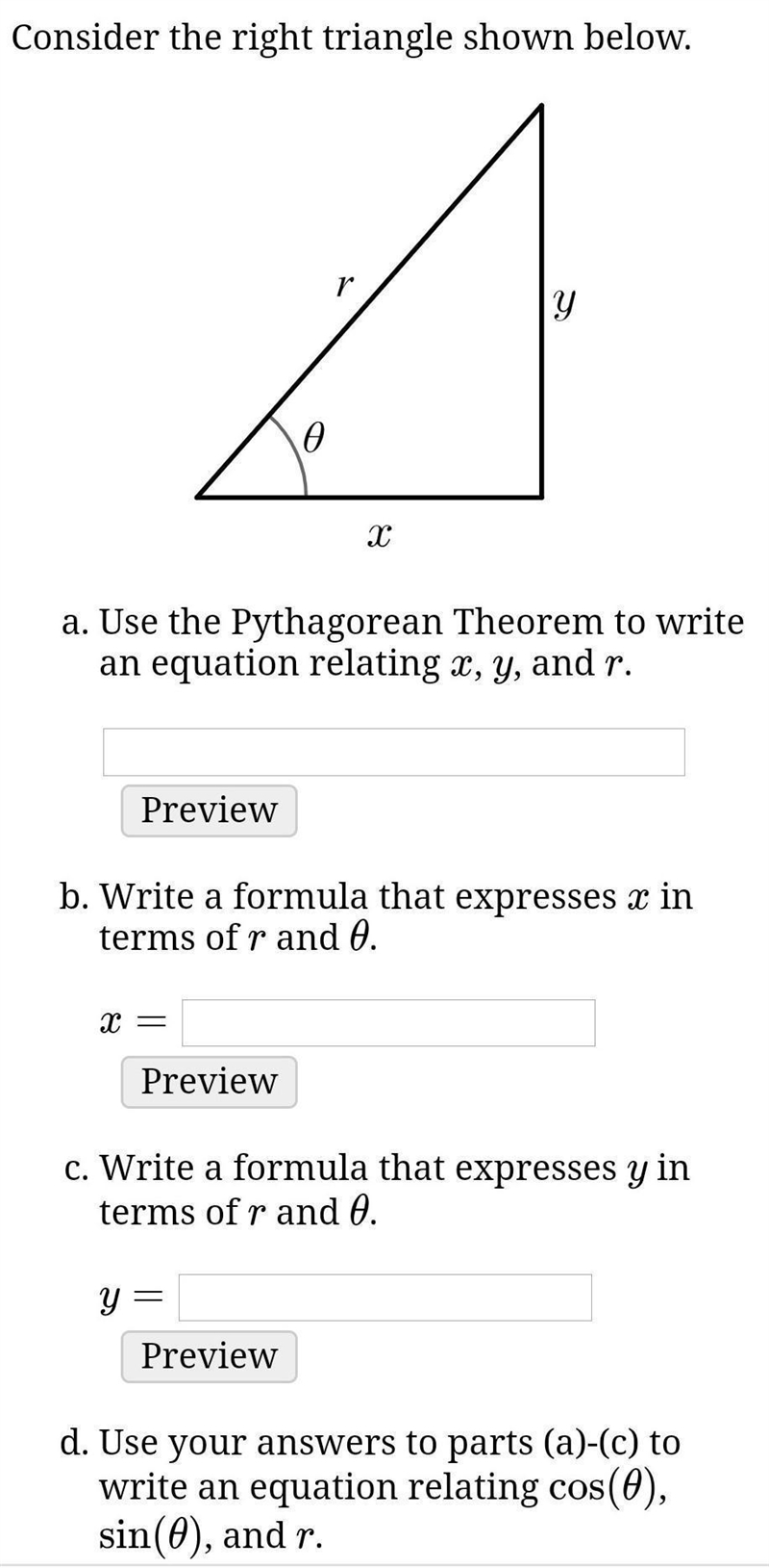 Consider the right triangle shown below.Use the Pythagorean Theorem to write an equation-example-1