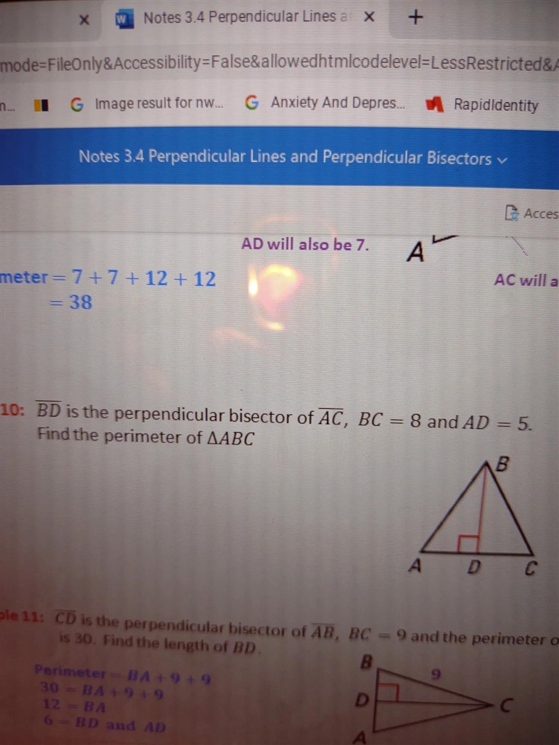 BD is the perpendicular bisector of AC , bc =8 and ad =5 find the perimeter of abc-example-1