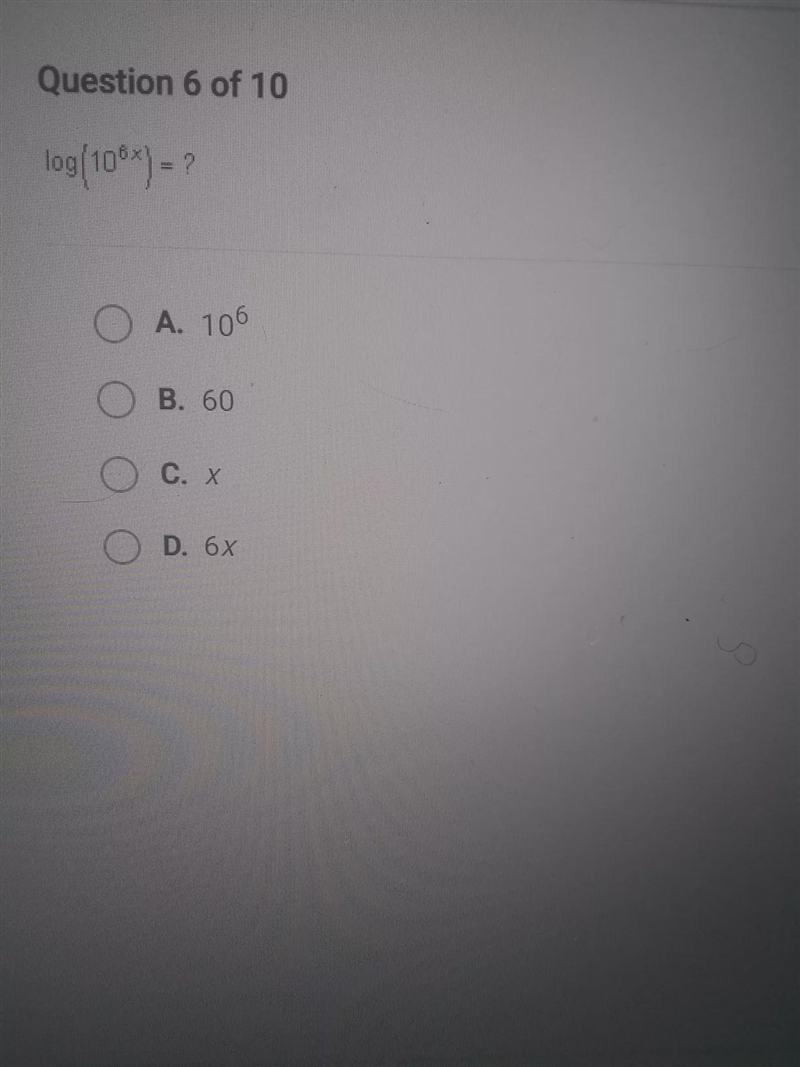 Log(1098) - () A. 106 B. 60 C. X O D. 6x-example-1