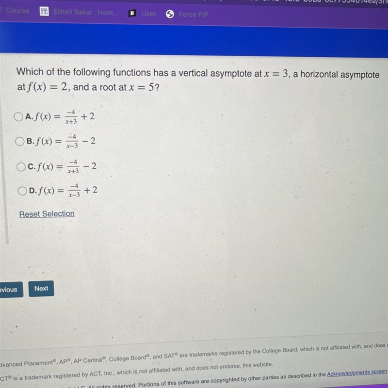 Which of the following functions has a vertical asymptote at x=3, a horizontal asymptote-example-1