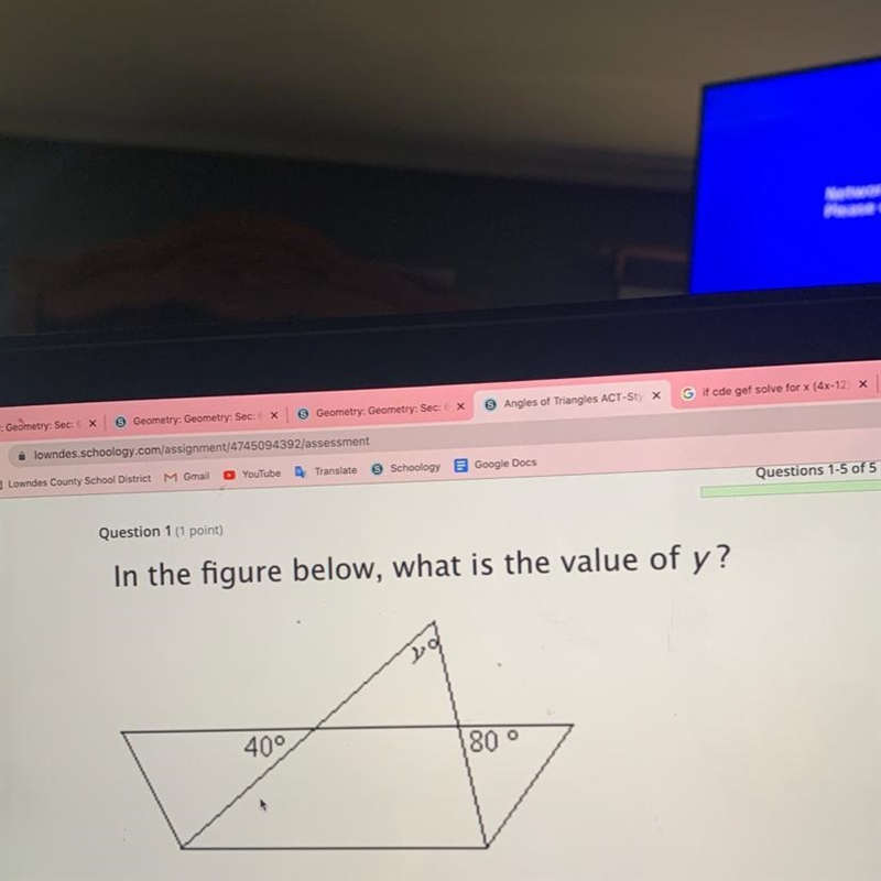 In the figure below, what is the value of y?40°80°-example-1