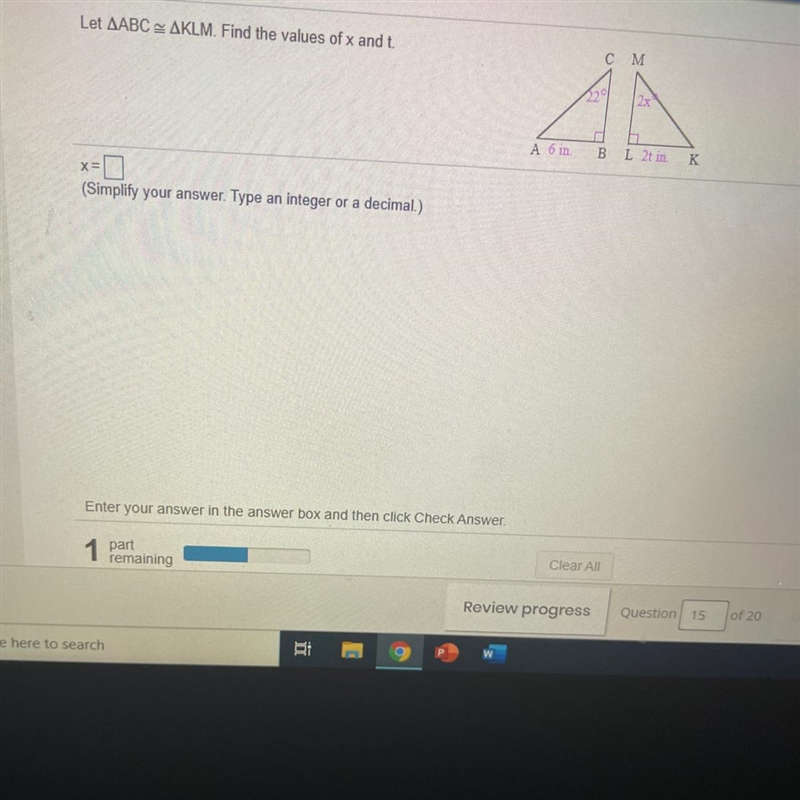 Let AABC = AKLM. Find the values of x and t.-example-1