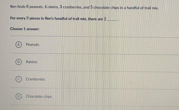 Ren finds 6 peanuts, 4 rasins, 3 cranberry, and 5 chocolate chips in a handful of-example-1