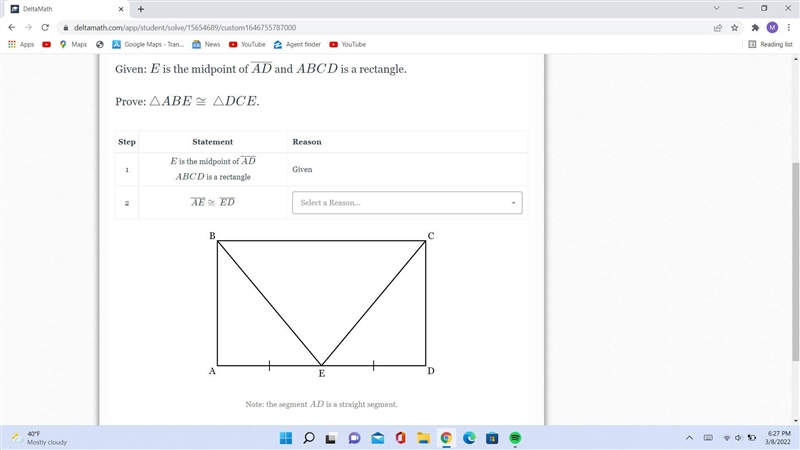 Given: E is the midpoint of and ABCD is a rectangle. Prove: △ABE≅△DCE.-example-1