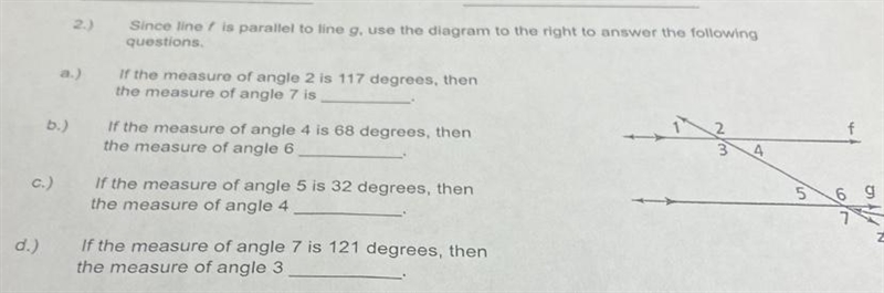 Since f is parallel to line g, use the diagram to the right right to answer the following-example-1