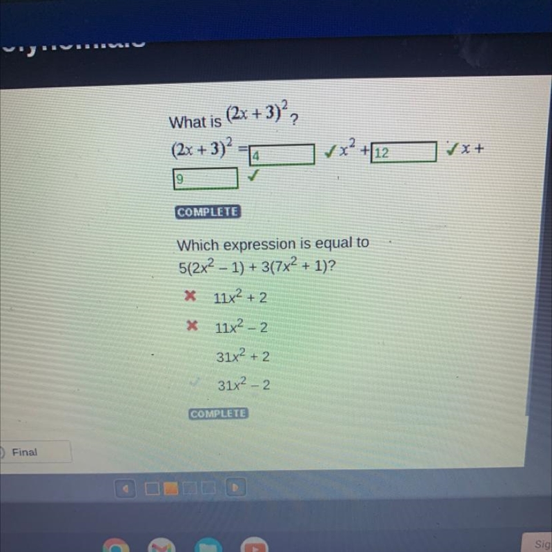 Which expression is equal to 5(2x²-1) + 3(7x² + 1)? 11x² + 2 11x-2 31x² + 2 31x²-2-example-1