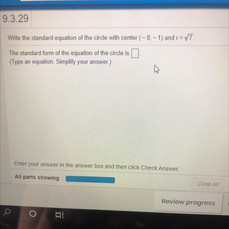 Write the standard equation of the circle with center (-8, -1) and r= 17.The standard-example-1