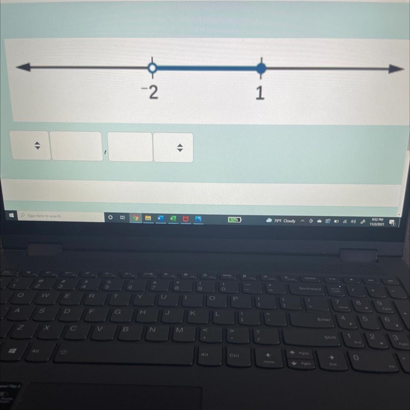 Find the interval in the line below. Use correct symbols to indicate in interval notation-example-1