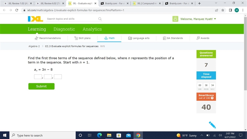 Find the first three terms of the sequence defined below, where n represents the position-example-1