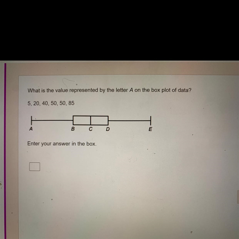 What is the value represented by letter A on the box plot of data? 50, 20, 40, 50, 50, 85-example-1