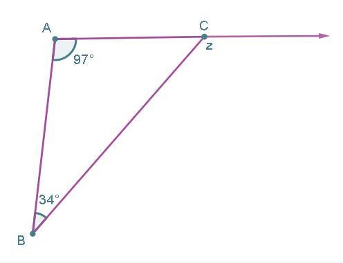 Triangle ABC is shown with exterior ∠z. Determine m∠z. 49° 97° 131° 146°-example-1