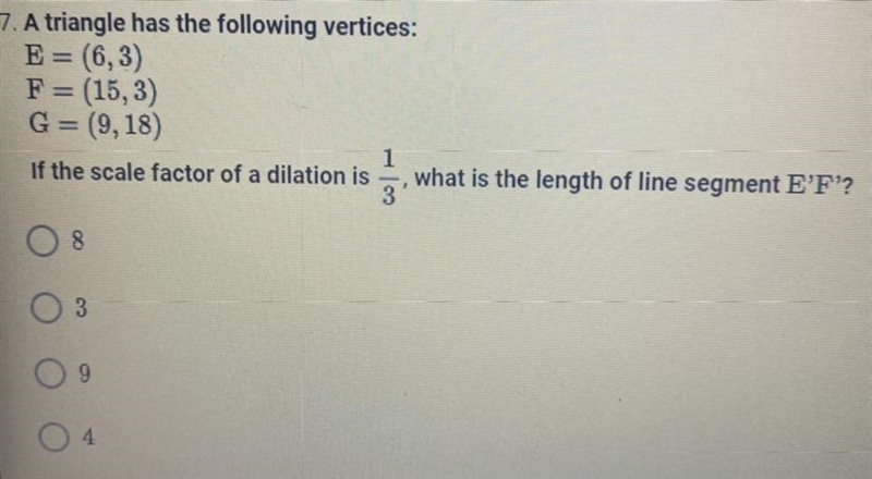 If the scale factor of a dilation 1/3, what is the length of line segment E'F'?-example-1