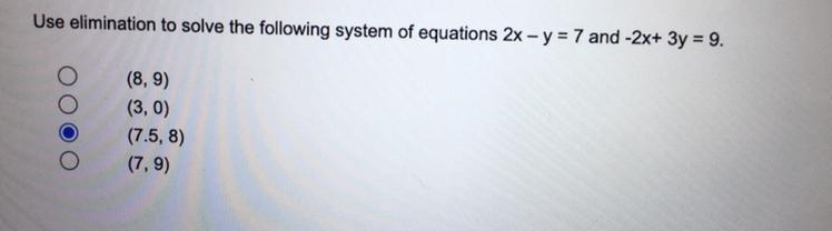 Use elimination to solve the following system of equations 2x - y = 7 and -2x+ 3y-example-1