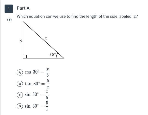 Which equation can we use to find the length of the side labeled x?-example-1