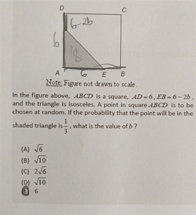 In the figure above, ABCD is a square, AD=6, EB=6–2b, and the triangle is isosceles-example-1