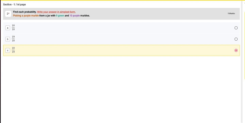 Find the probability of picking a purple marble from a jar with 9 green and 10 purple-example-1