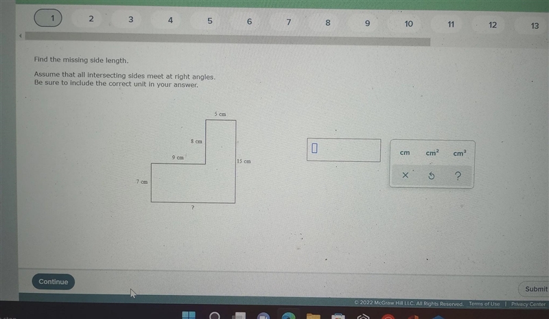 Find the missing side length. Assume that all intersecting sides meet at right angles-example-1