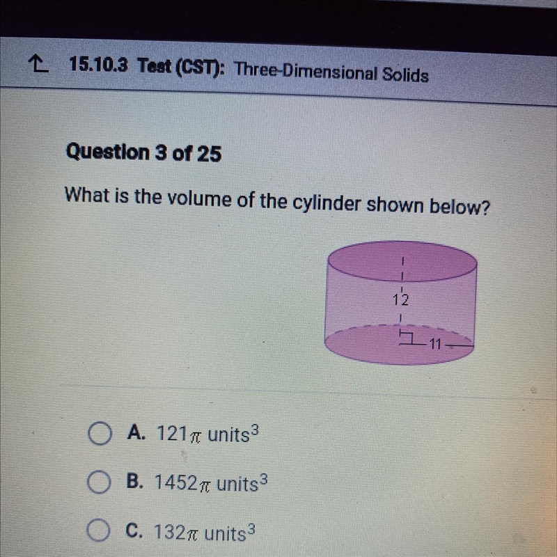 What is the volume of the cylinder shown below? A. 1217 units B. 14521 units 3 C. 1327 units-example-1