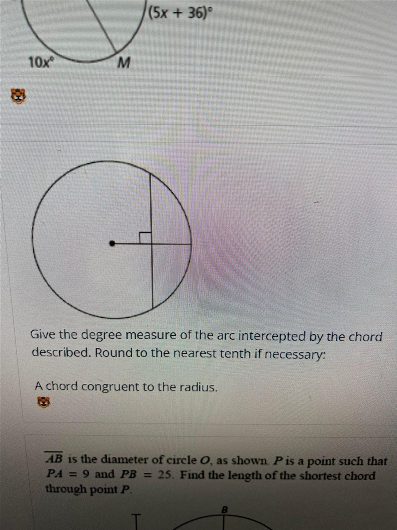 Give the degree measure of the arc intercepted by the chord described. Round to the-example-1