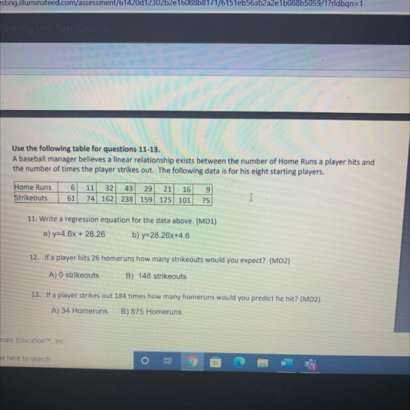 Use the following table for questions 11-13.A baseball manager believes a linear relationship-example-1