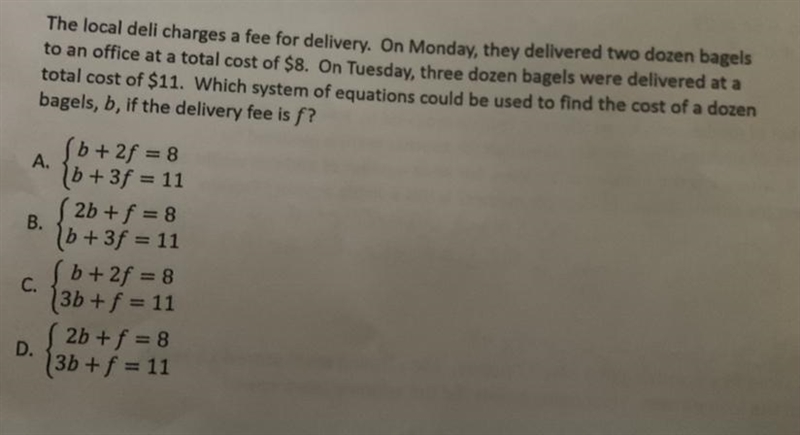 Which system of equations could be used to find the cost of a dozen bagels-example-1